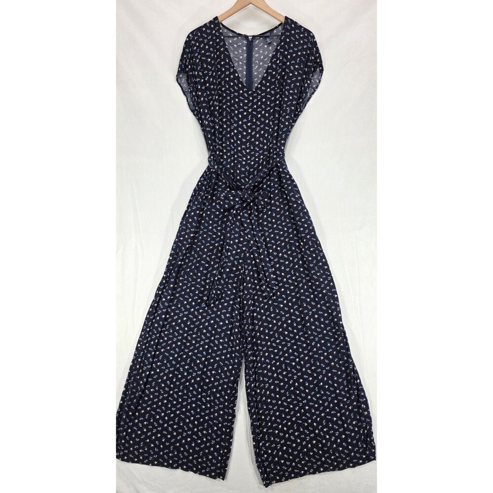 Wide Leg Cropped Jumpsuit Womens 16 Ditsy Floral Pockets Blue Boho Cottage